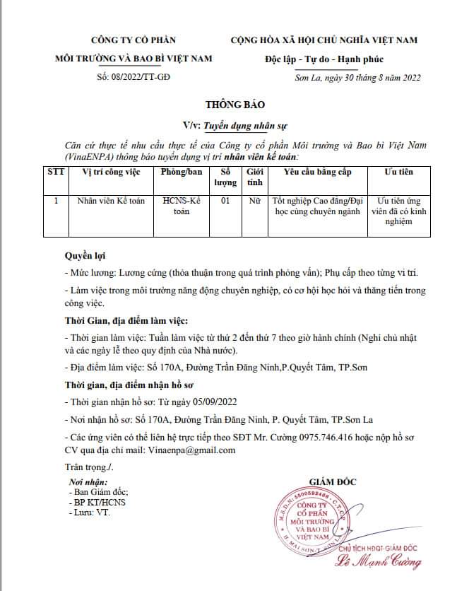 THÔNG BÁO TUYỂN DỤNG NV KẾ TOÁN - T9 2022