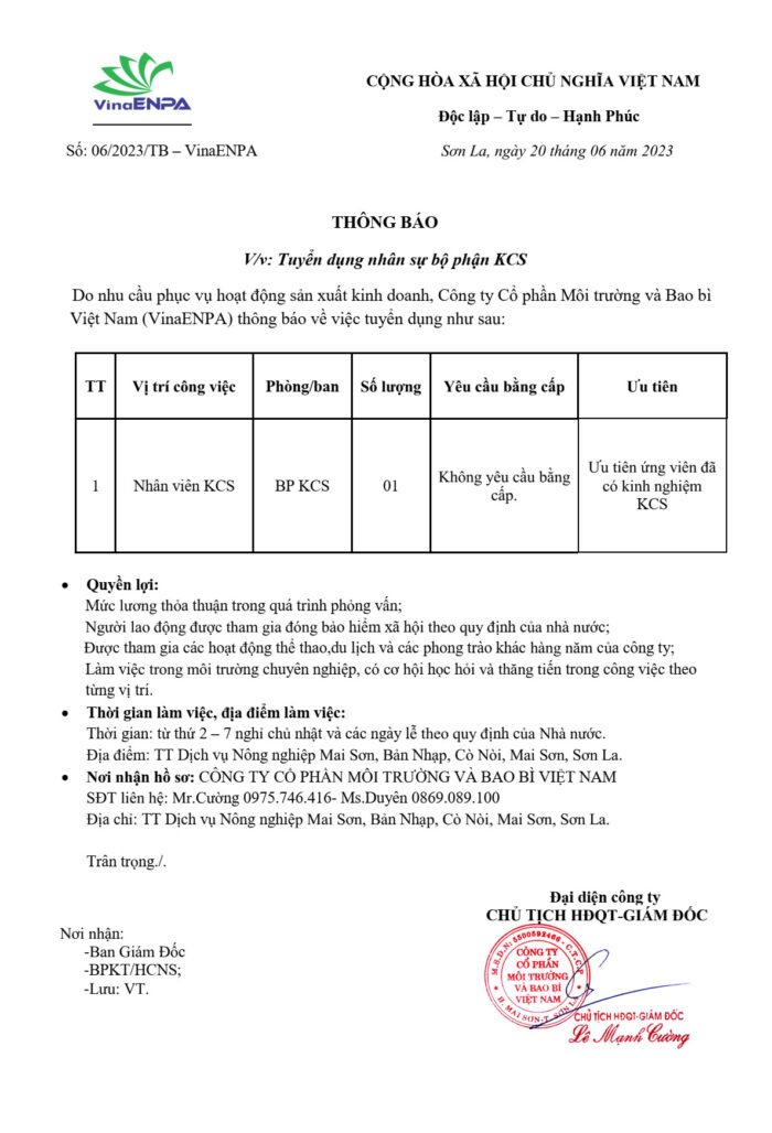 Thông Báo Tuyển Dụng Nhân Viên KCS T6 2023